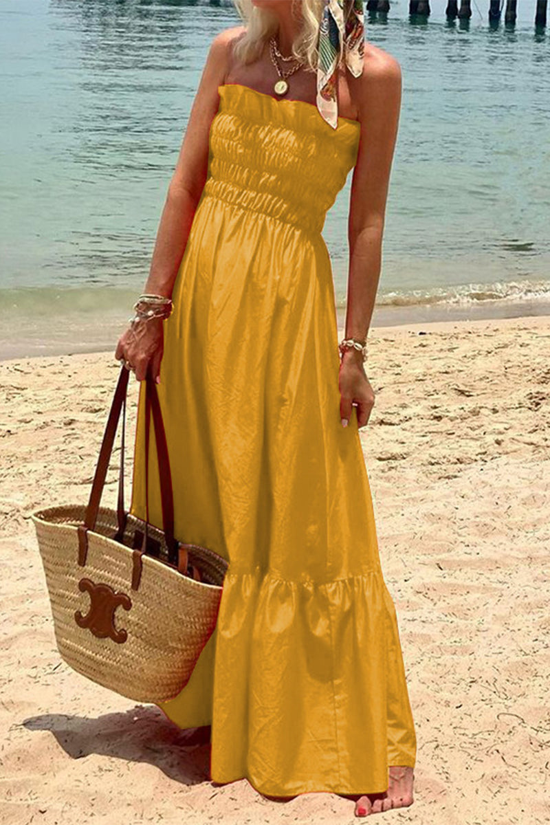 Vestido informal de vacaciones de color liso sin tirantes y sin mangas