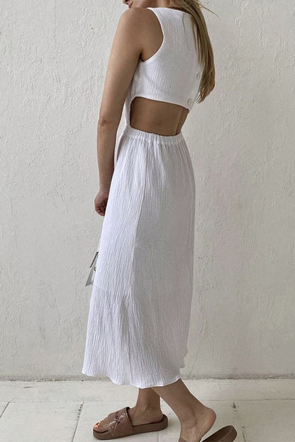 Vestido informal sencillo con hebilla sólida y cuello redondo sin mangas