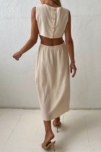Vestido informal sencillo con hebilla sólida y cuello redondo sin mangas