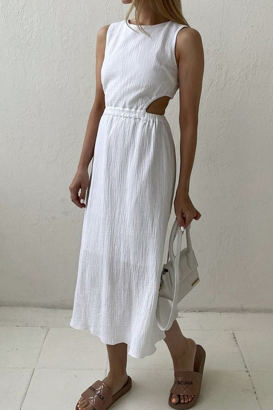 Vestido informal sencillo con hebilla sólida y cuello redondo sin mangas