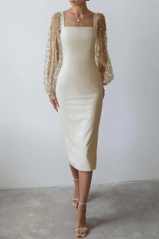 Elegante vestido de falda cruzada con cuello cuadrado y bordado sólido