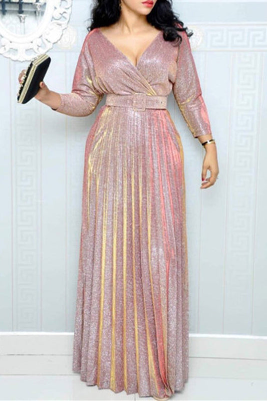 Elegante vestido de corte A con escote en V, lentejuelas y cinturón color bronce