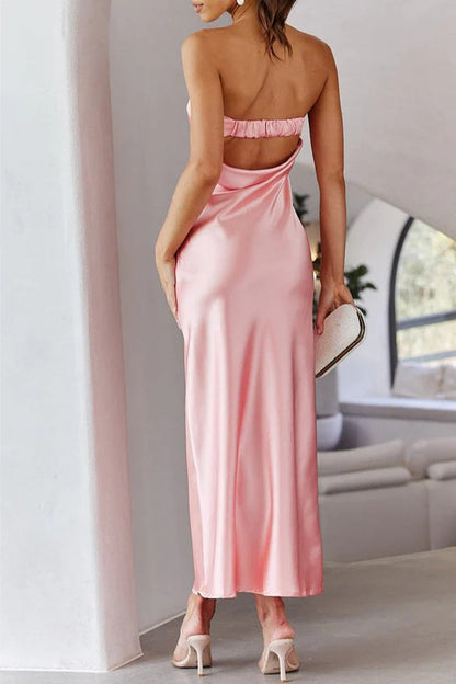 Vestidos elegantes de celebridades, lisos, sin espalda, sin tirantes y sin mangas.