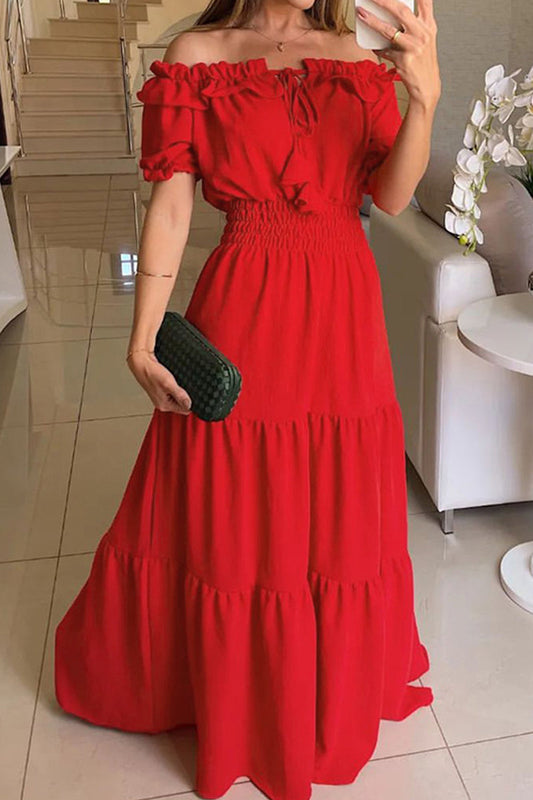 Vestido informal de manga corta con hombros descubiertos y parches sólidos