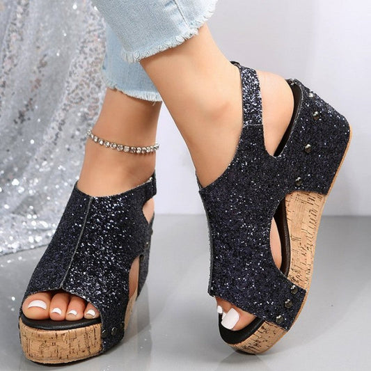 Zapatos de cuña informales con diseño de boca de pez y lentejuelas ahuecadas para exteriores