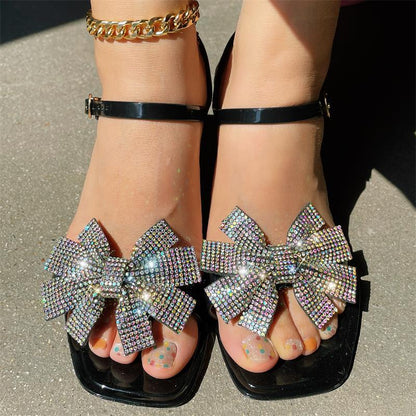 Zapatos casuales de patchwork con lazo y diamantes de imitación cuadrados, cómodos para exteriores