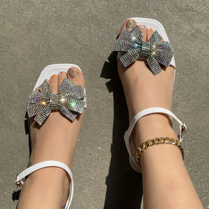 Zapatos casuales de patchwork con lazo y diamantes de imitación cuadrados, cómodos para exteriores
