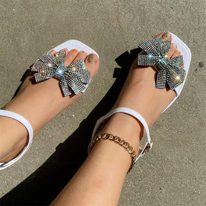 Zapatos casuales de patchwork con lazo y diamantes de imitación cuadrados, cómodos para exteriores