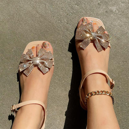 Zapatos casuales de patchwork con lazo y diamantes de imitación cuadrados, cómodos para exteriores