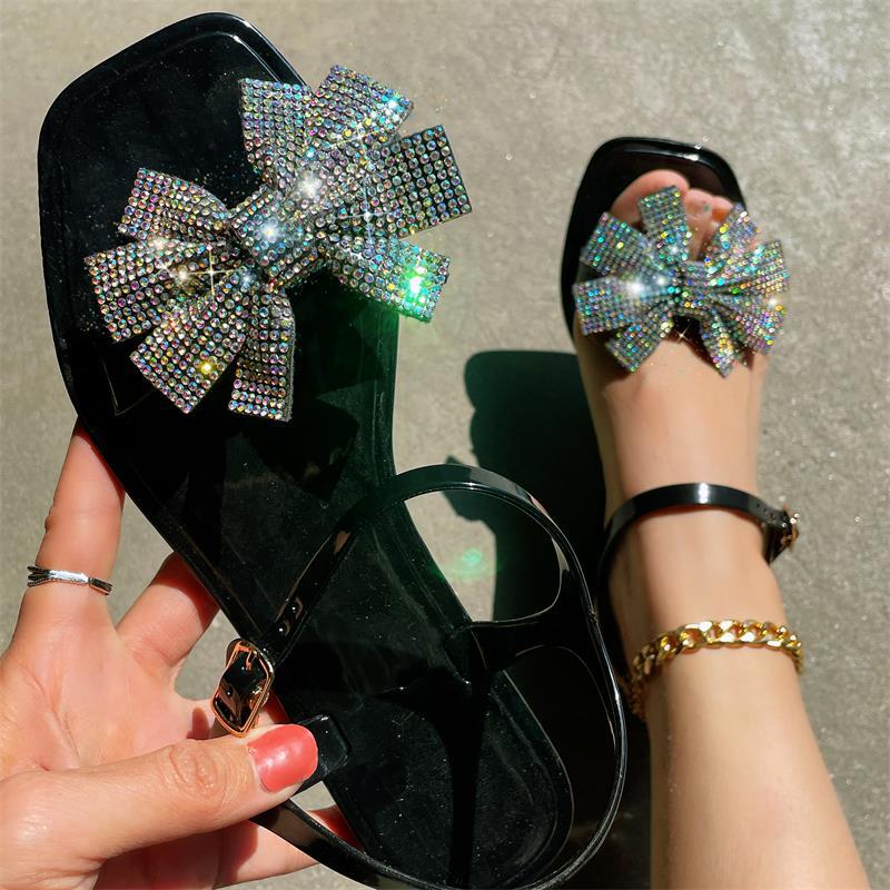 Zapatos casuales de patchwork con lazo y diamantes de imitación cuadrados, cómodos para exteriores