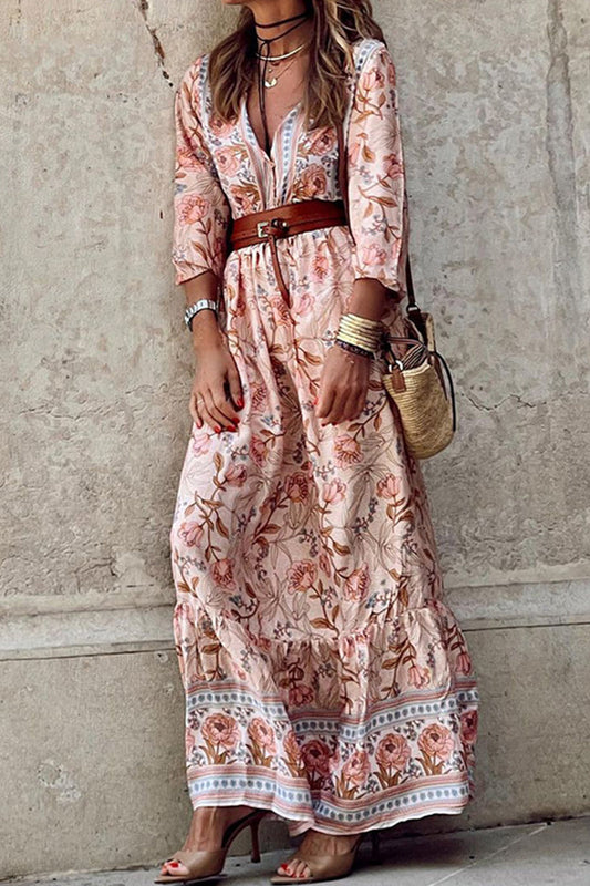 Vestidos bohemios florales con cinturón y escote en V.