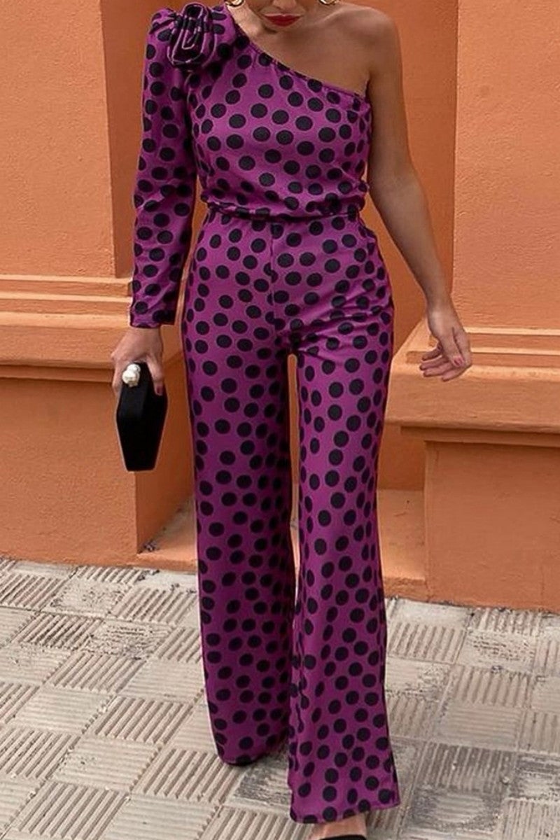 Monos casuales con estampado de lunares, espalda descubierta, cuello oblicuo y corte regular