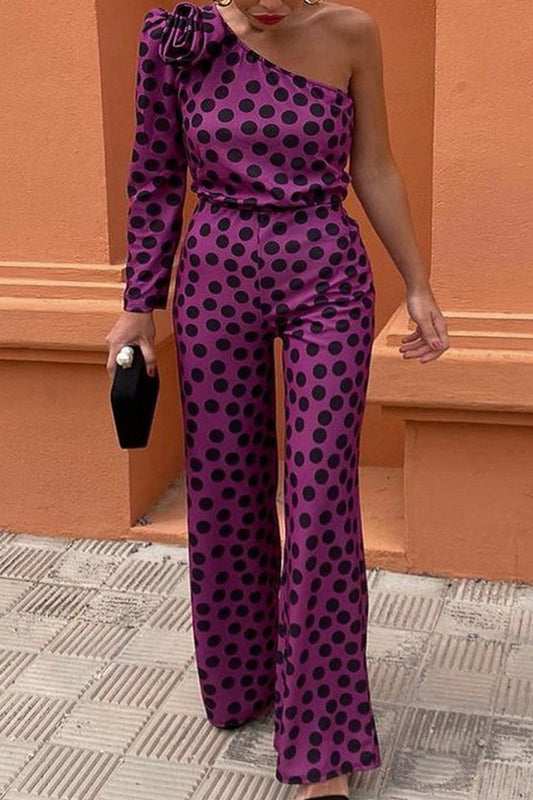 Monos casuales con estampado de lunares, espalda descubierta, cuello oblicuo y corte regular