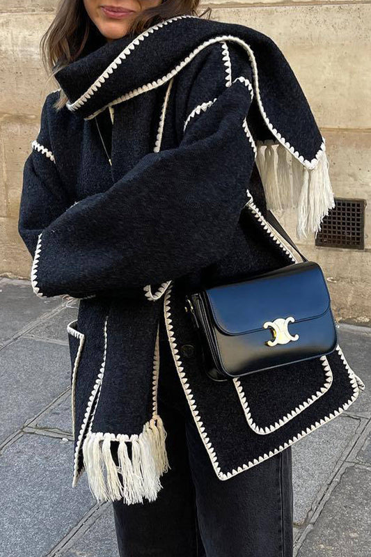 Prenda de abrigo informal estilo británico con borlas lisas y cuello tipo bufanda en contraste (5 colores)