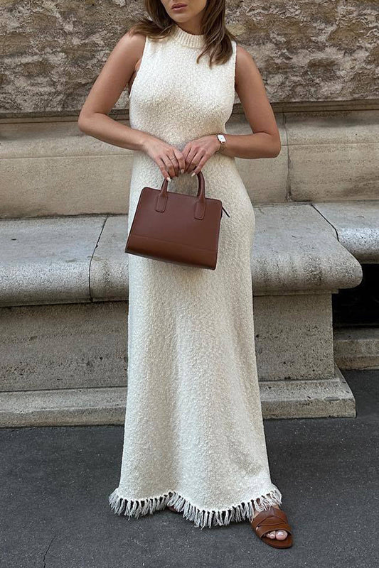 Vestido informal sin mangas con cuello redondo y borlas sólidas