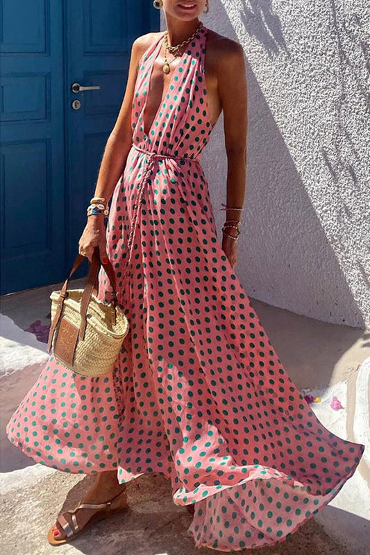 Vestido sexy de vacaciones con estampado geométrico, sin espalda, estilo halter y sin mangas