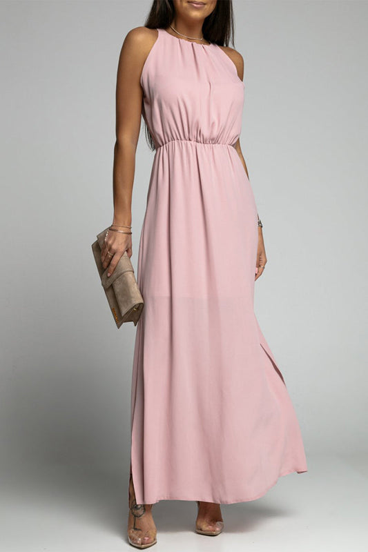 Elegante vestido liso sin espalda con abertura y cuello redondo sin mangas