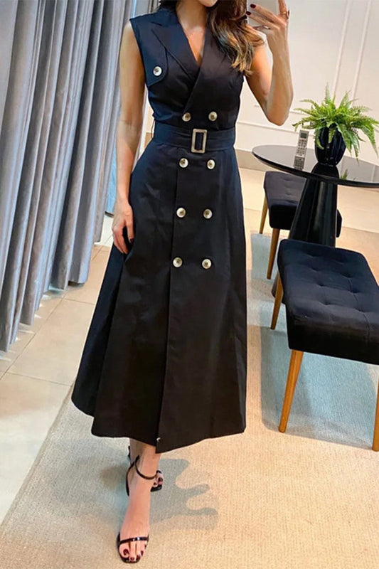 Vestido elegante sin mangas con cuello en V y botones sólidos con cinturón