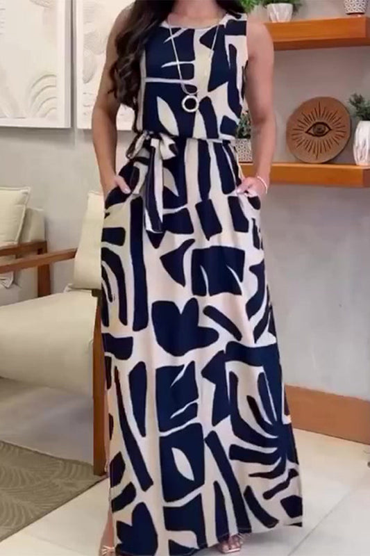 Vestido informal sin mangas con cuello redondo, abertura y bolsillo con estampado geométrico