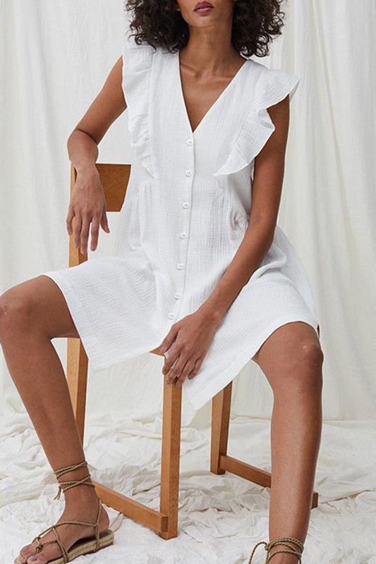 Vestido informal liso con volantes, cuello en V y sin mangas