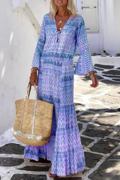 Vestidos casuales con estampado de patchwork, cuello en V y falda pastel