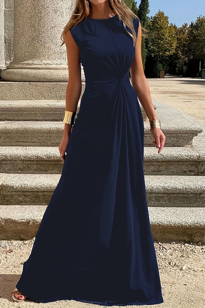 Vestidos elegantes y sencillos con cuello redondo y pliegues sólidos (6 colores)