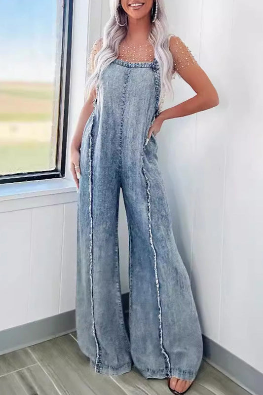 Mono vaquero holgado informal de calle con parches sólidos, espalda descubierta, cuello cuadrado, sin mangas