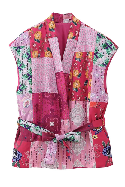 Tops casuales de calle con estampado floral, cordones, patchwork y cuello en V en contraste