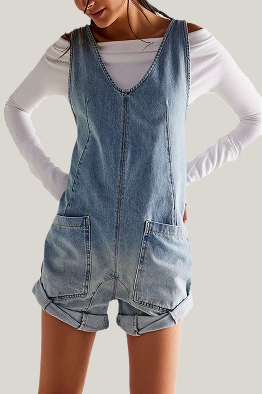 Mono vaquero recto informal de uso diario con estampado degradado, bolsillo en contraste, cuello en V, sin mangas y bolsillos