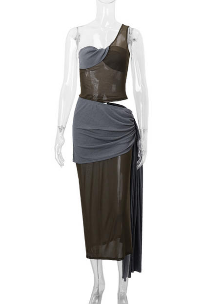Vestidos sexys de color block con patchwork y contraste irregular con hombros caídos