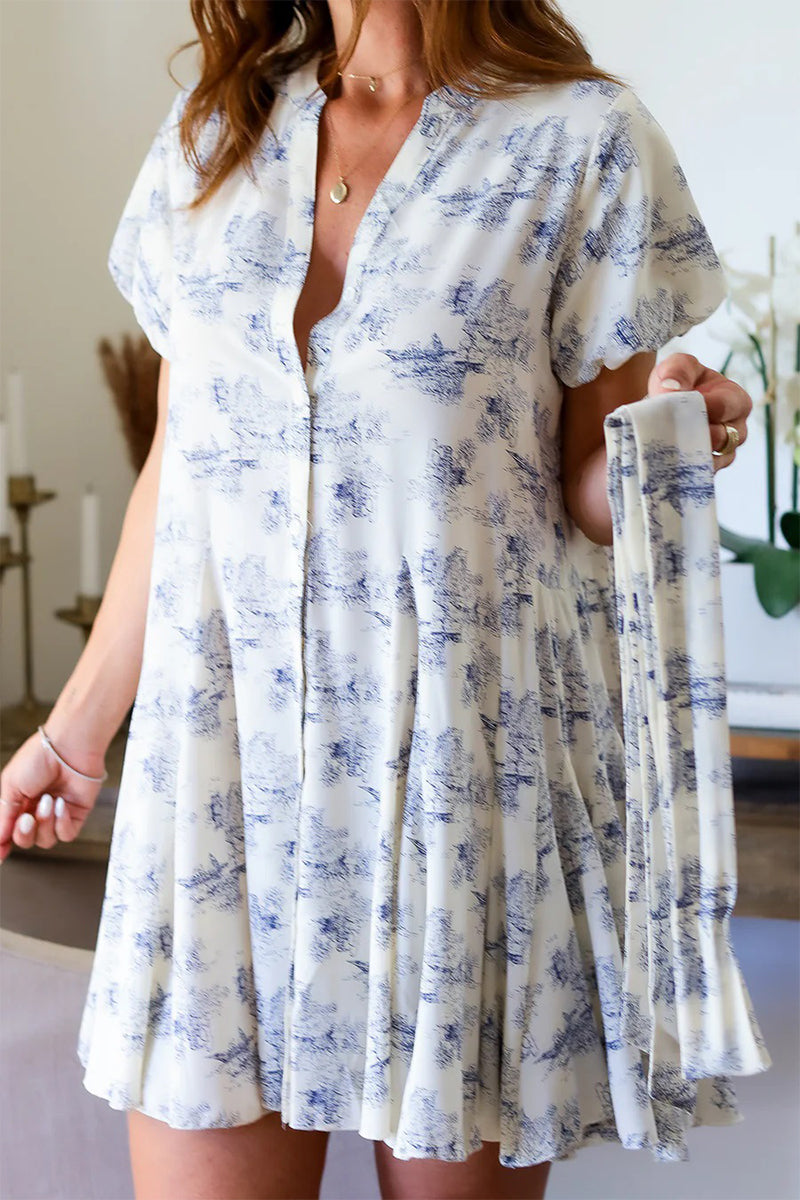 Vestidos elegantes de corte A con cuello en V y cordones con estampado de paisajes para uso diario