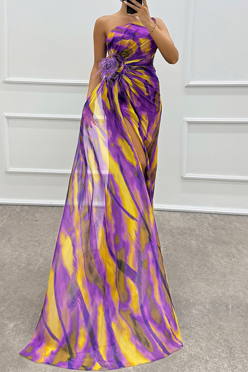 Vestido de noche sexy con estampado ombré, abertura irregular en contraste y hombros caídos (5 colores)