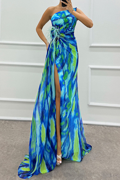 Vestido de noche sexy con estampado ombré, abertura irregular en contraste y hombros caídos (5 colores)