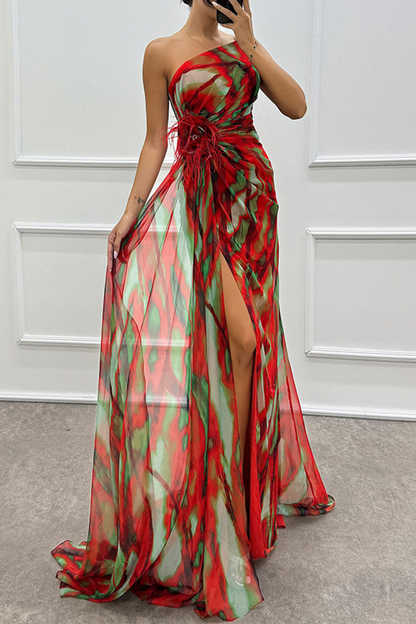 Vestido de noche sexy con estampado ombré, abertura irregular en contraste y hombros caídos (5 colores)