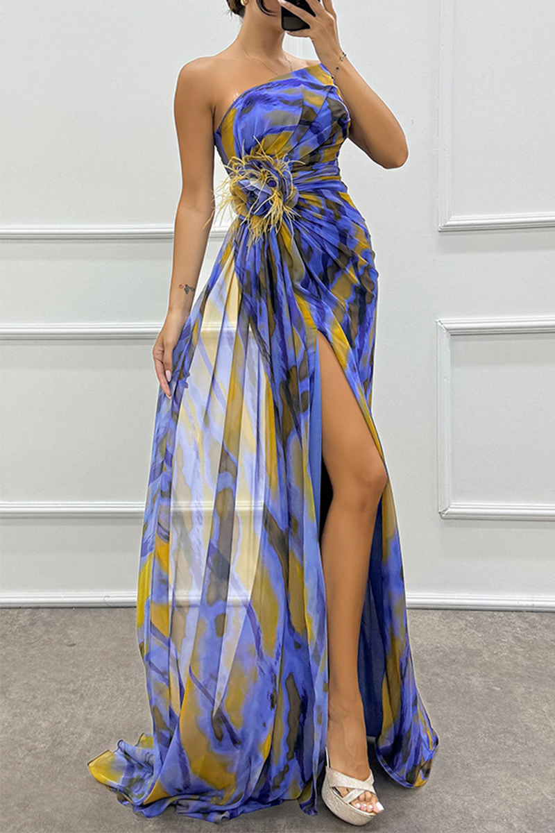 Vestido de noche sexy con estampado ombré, abertura irregular en contraste y hombros caídos (5 colores)