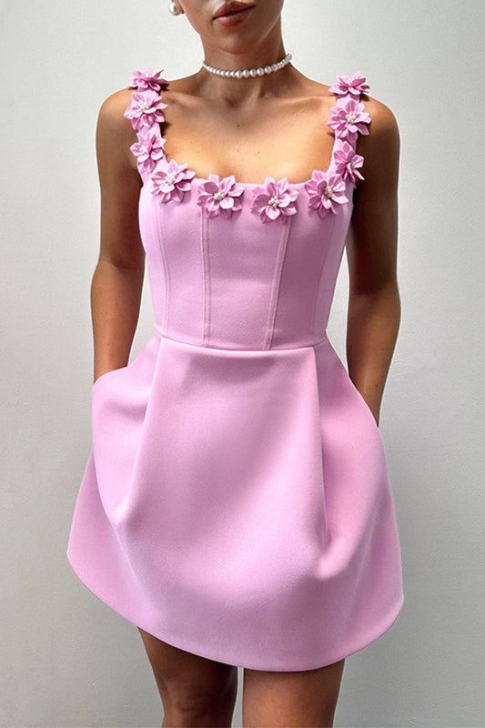 Vestidos de princesa sexys con cuello en U y bolsillos de color sólido con flores