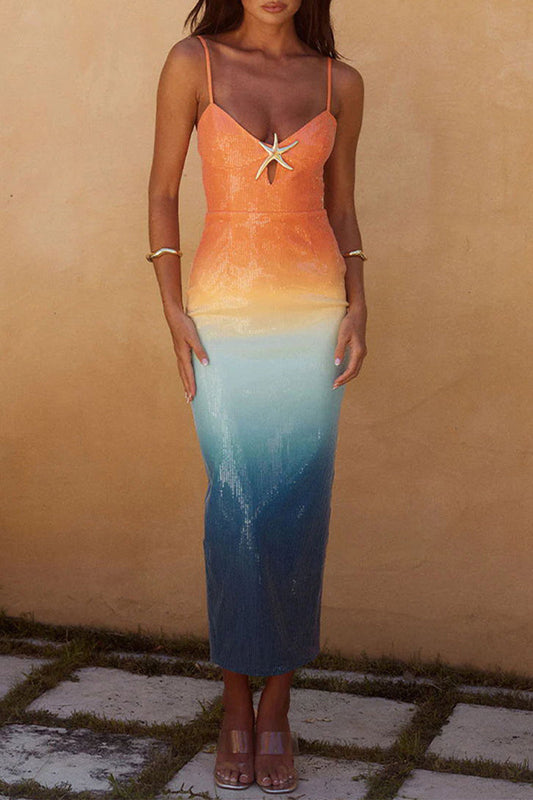 Vestidos sexis de lentejuelas con degradado de color y escote en V con falda de un solo paso