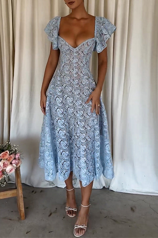 Vestido sexy de color sólido con volantes, escote en V, corte A y manga corta