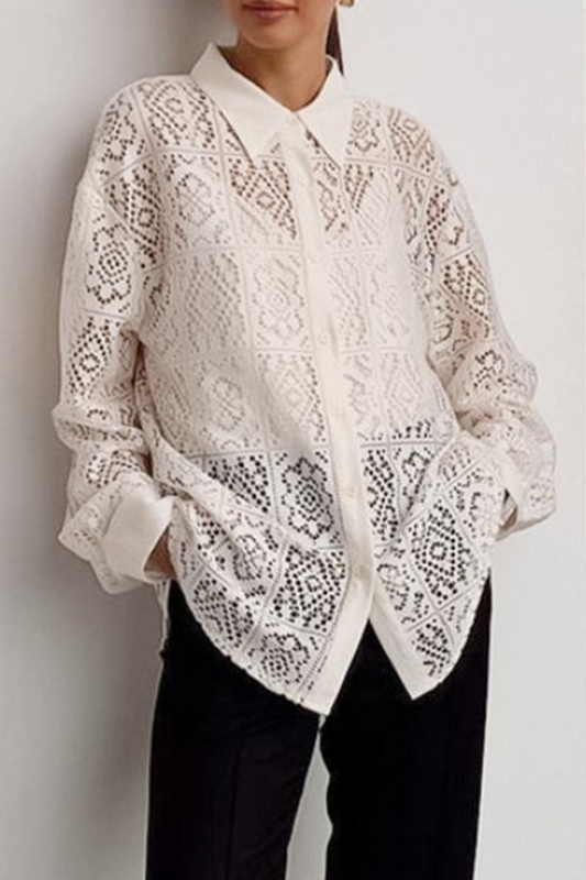 Blusas casuales con cuello vuelto, transparentes y caladas