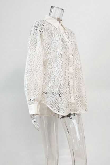 Blusas casuales con cuello vuelto, transparentes y caladas