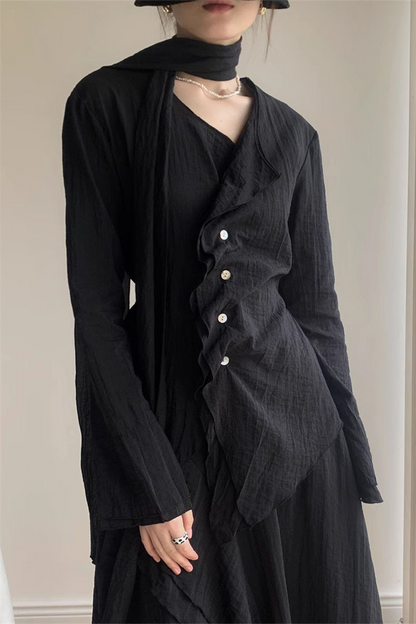 Blusas casuales con cuello en V fruncido y botones