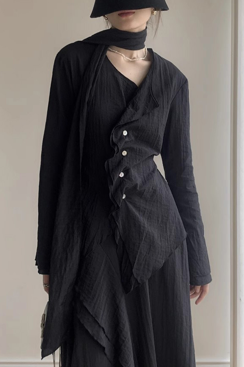 Blusas casuales con cuello en V fruncido y botones