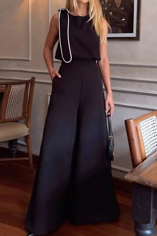 Conjunto informal de dos piezas sin mangas con cuello redondo y bolsillo con lazo decorativo para la calle