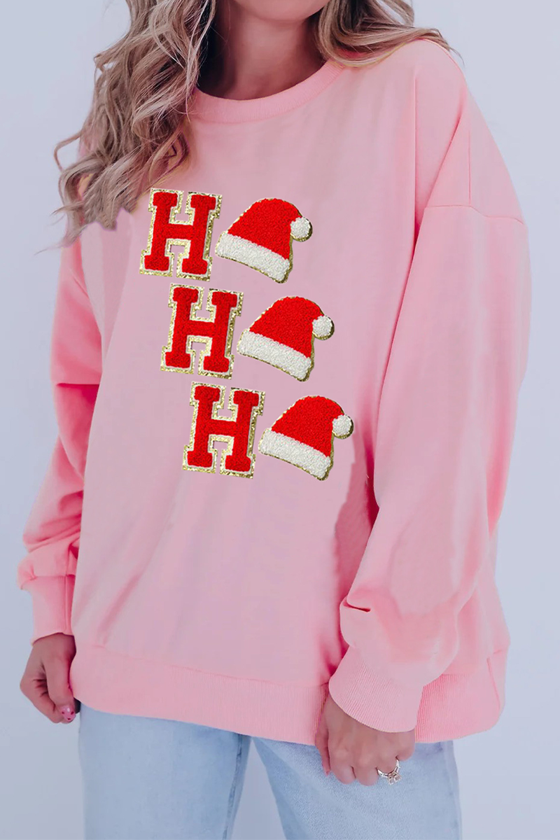 Gorros de Papá Noel informales con letras bordadas y lentejuelas, sudaderas de cuello redondo