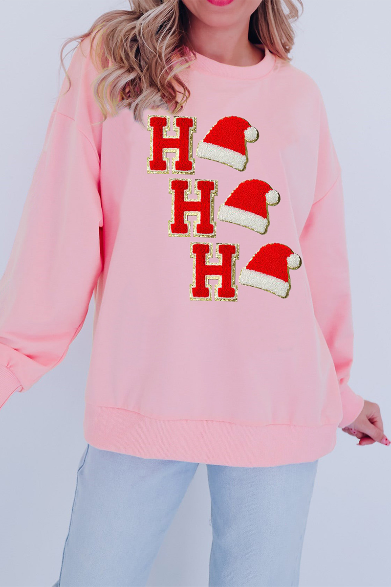 Gorros de Papá Noel informales con letras bordadas y lentejuelas, sudaderas de cuello redondo
