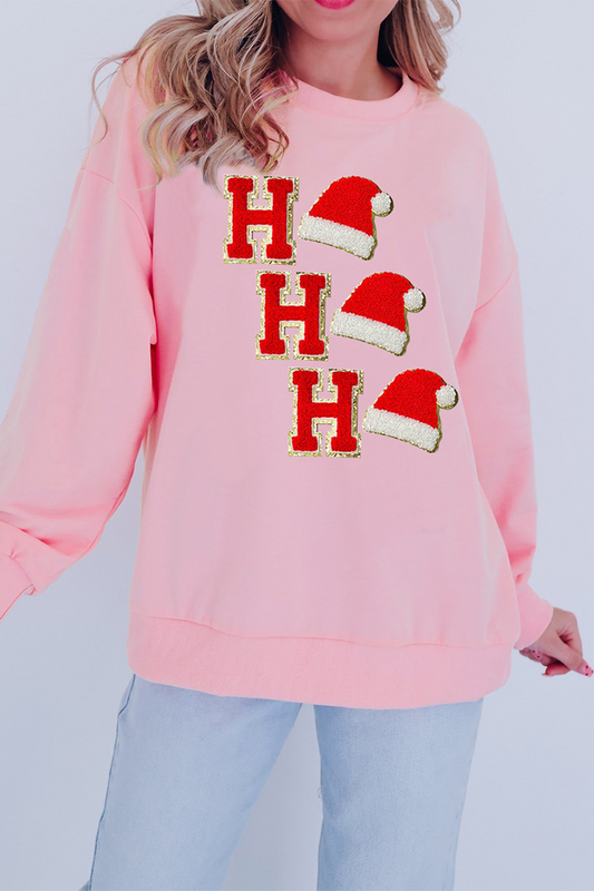 Gorros de Papá Noel informales con letras bordadas y lentejuelas, sudaderas de cuello redondo
