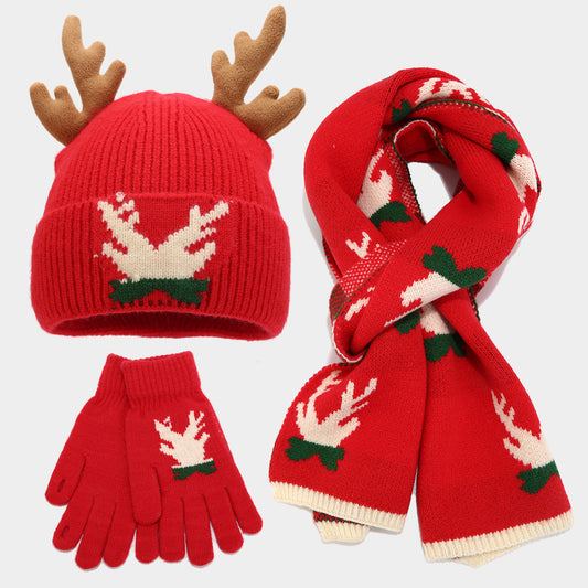 Conjunto de tres piezas con bufanda, gorro y guantes de asta de reno navideño (3 colores)