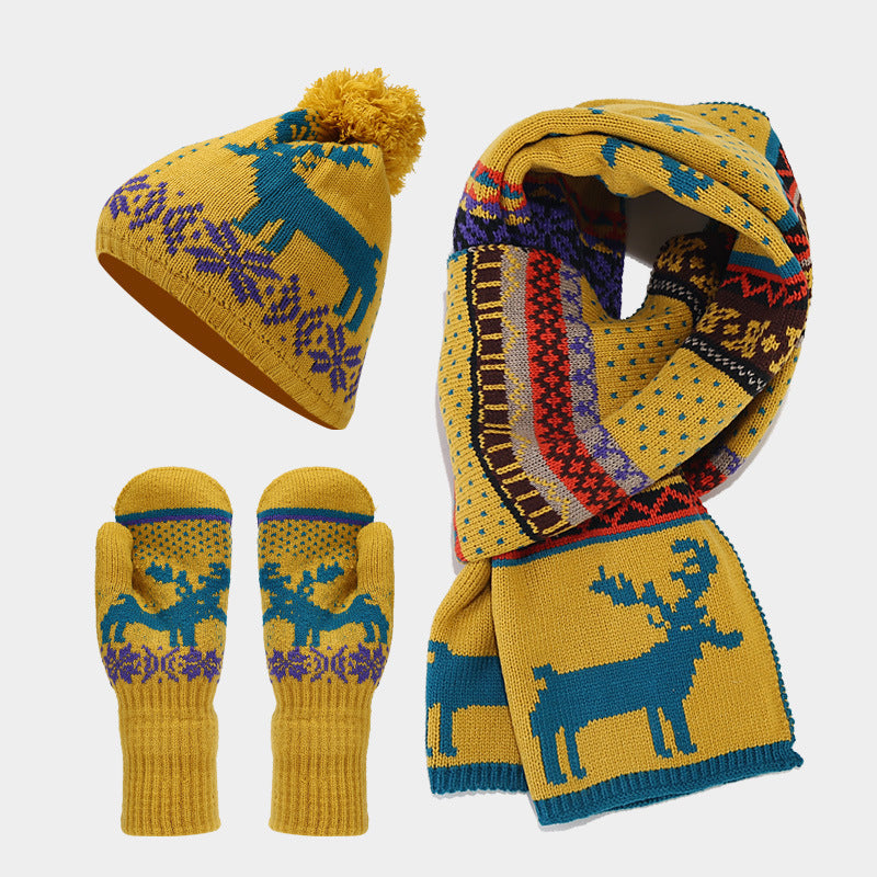 Conjunto de gorro, bufanda y guantes con estampado de reno navideño (6 colores)