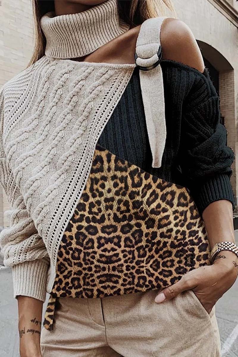 Suéter de patchwork con hombros descubiertos y estampado de leopardo