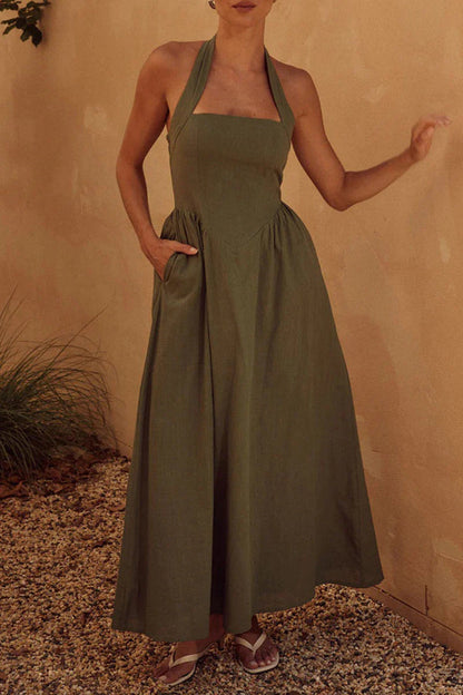 Vestidos sexis sin mangas con cuello halter y bolsillos sólidos